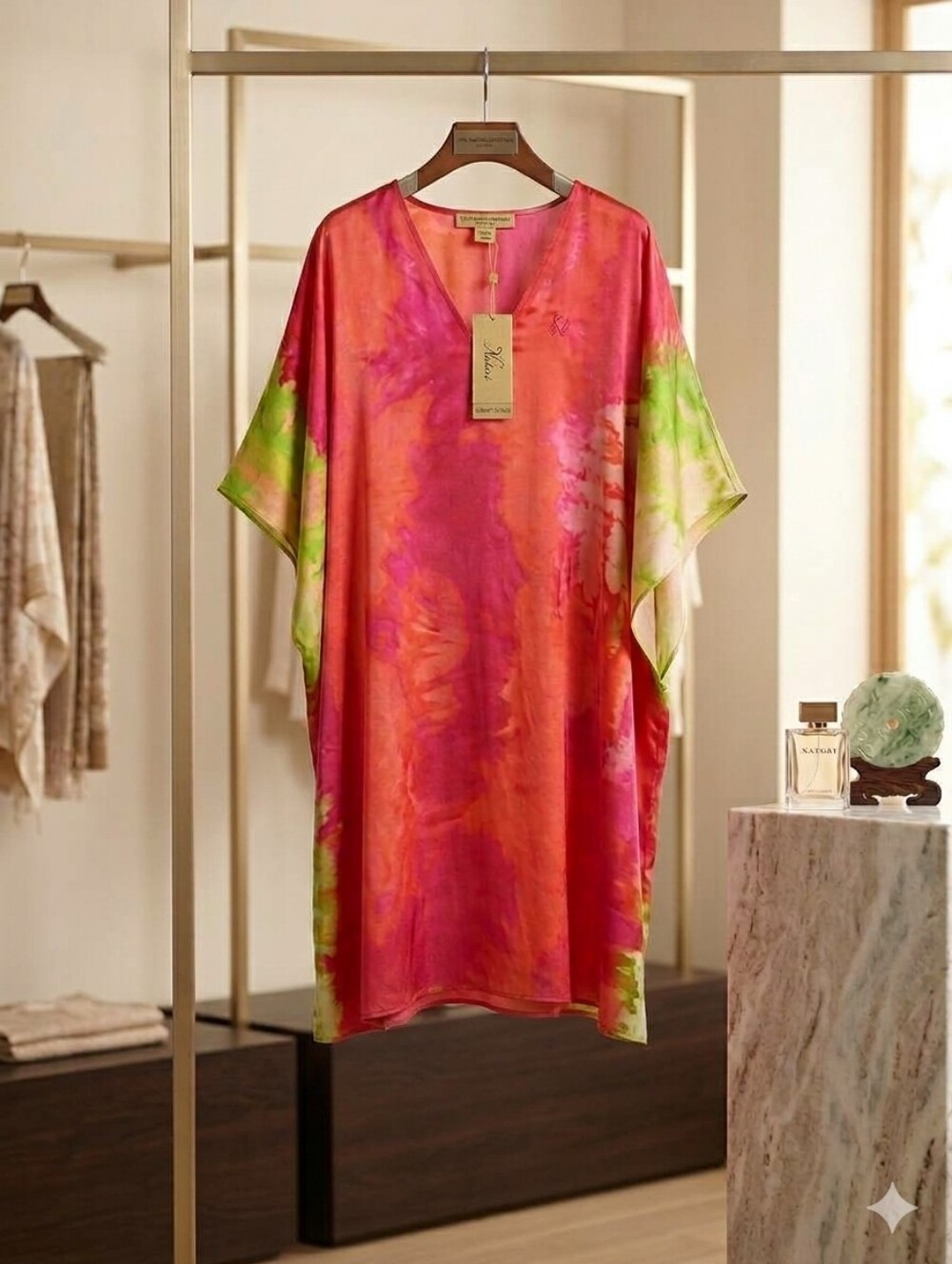 NWT Natori Luxury Tie-Dye Kaftan Lounger Dress - Pink / Coral / Lime Green, Med